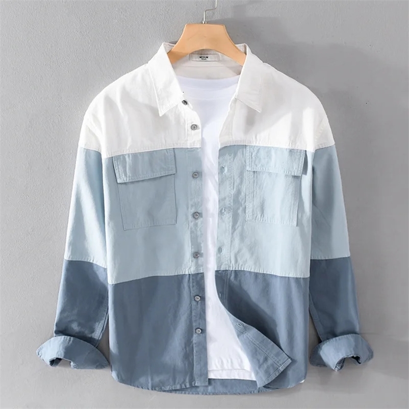 Contrast Color Patchworked Shirt Mens Clothing Cotton Long Sleeve Spring and Autumn Vintage Goods Casual Clothing Pocket Fashion Loose 241125