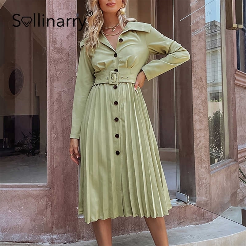 Sollinarry Autumn Casual Solid Women Button Dress Doll Collar Pleated Belt Ladies Midi Dress Full Regular Sleeves Female Dress 210709