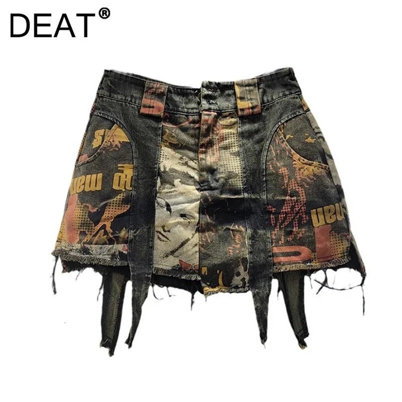 DEAT Womens Denim Skirt Printed Patchwork Do Old Irregular A-line High Waist Mini Skirts Spring 2025 Fashion 29L9230 250226
