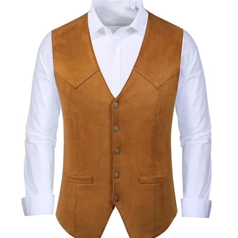 Mens Suede Leather Vest Vintage Denim Sleeveless Jacket Slim Fit Wedding Vest Vests for Men Suits High Quality Steampunk Man 240729