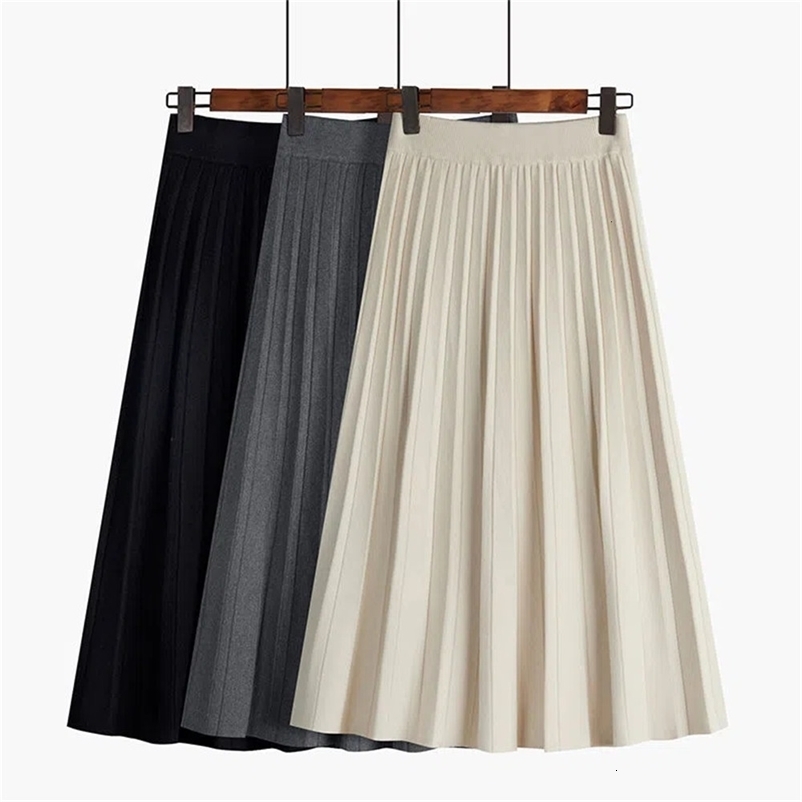 Casual Dresses Knitted Midi Pleated Skirt Women Elegant Black A-Line High Waist Long Skirt Korean Solid Black Autumn Winter Faldas Femme Jupes 23022