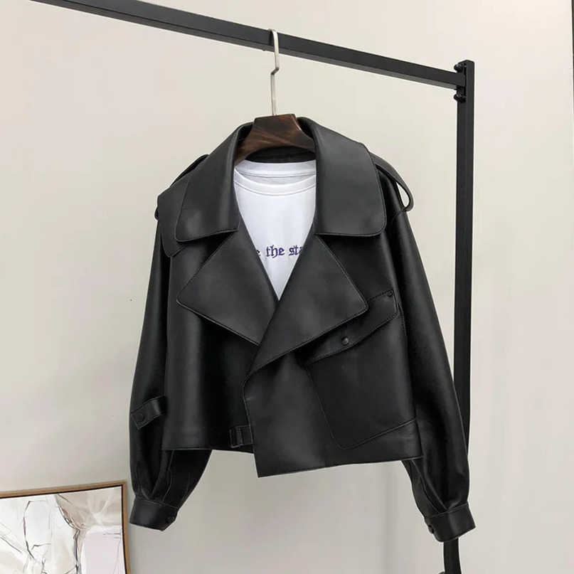 FMFSSOM Spring Women Short Faux Leather Jacket Single Button Black Moto Biker Windproof Coat Warm Turn Down Collar Outwear 250213