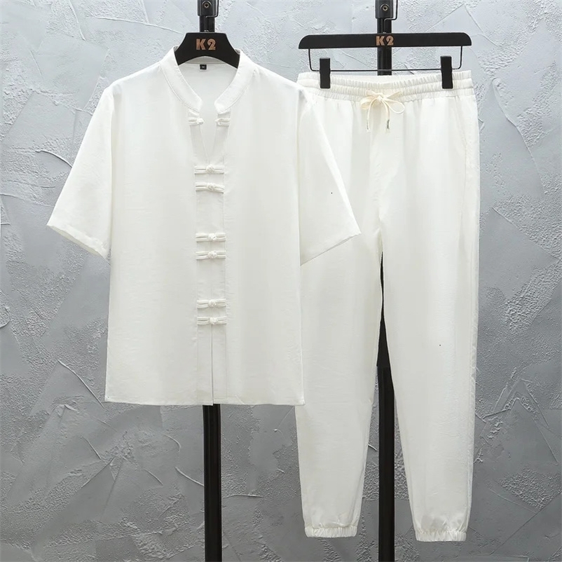 Shirts Pants summer 100% Cotton linen Sportswear Mens Casual Sets spring Male Fashion trousers and shirts men size M-5XL 240529