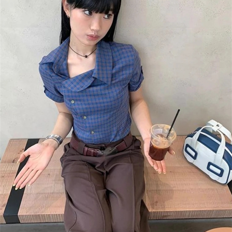 Y2k Aesthetic Vintage Plaid Harajuku Shirts Summer Single Breasted Women Casual Blouses Japanese Slim Streetwear Blusas De Mujer 240731