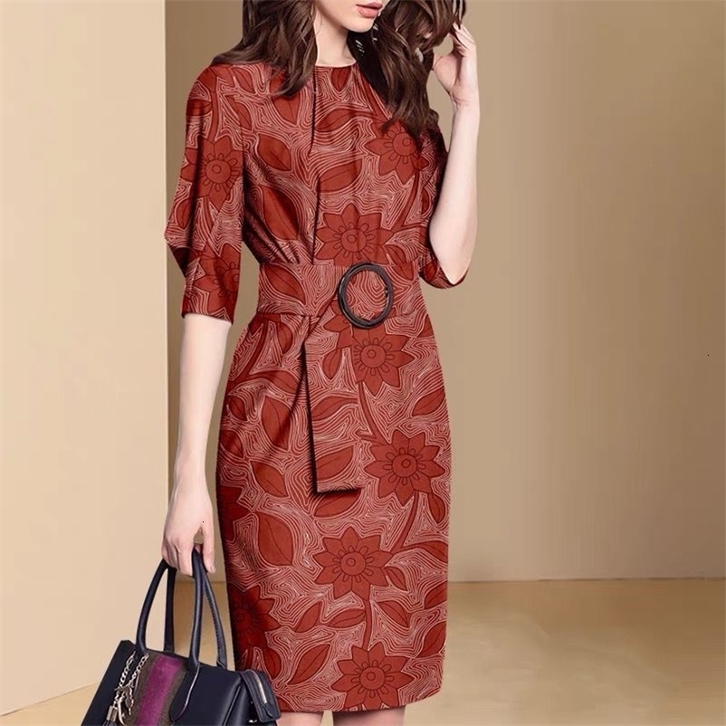 Casual Dresses Retro printed half sleeved round neck ultra-thin dress with belt women's summer fashionable body elegant party dress for women&#