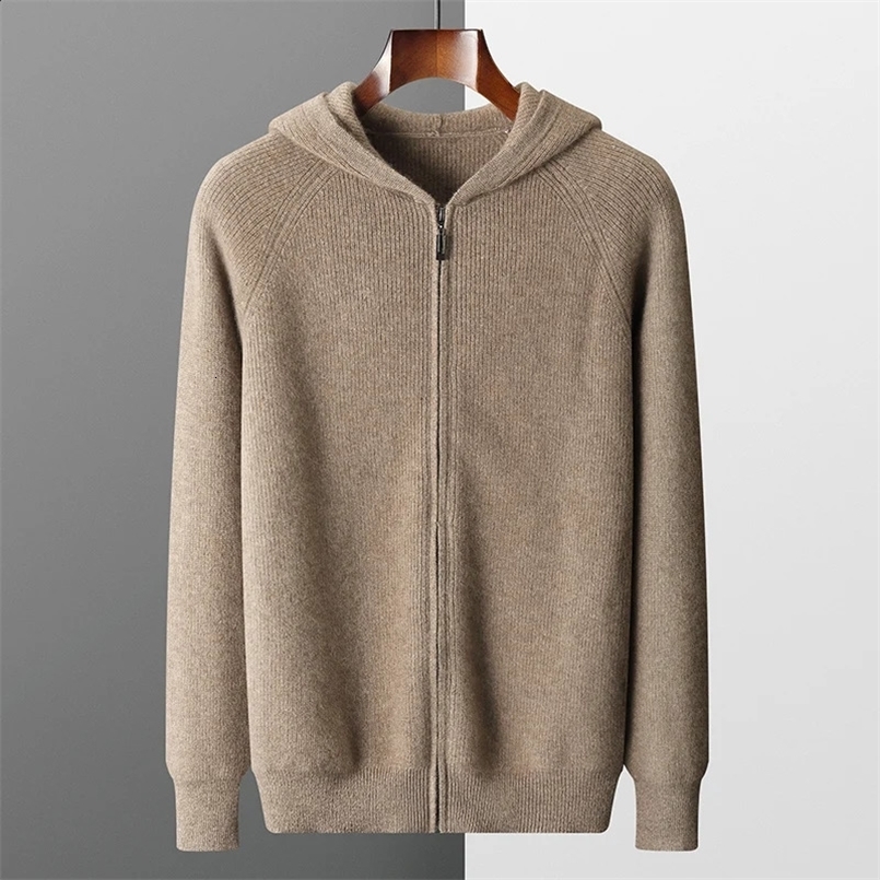 Mens hooded cardigan autumn and winter thick knitted plus size jacket 100% Merino wool casual long sleeved sweatshirt 240824