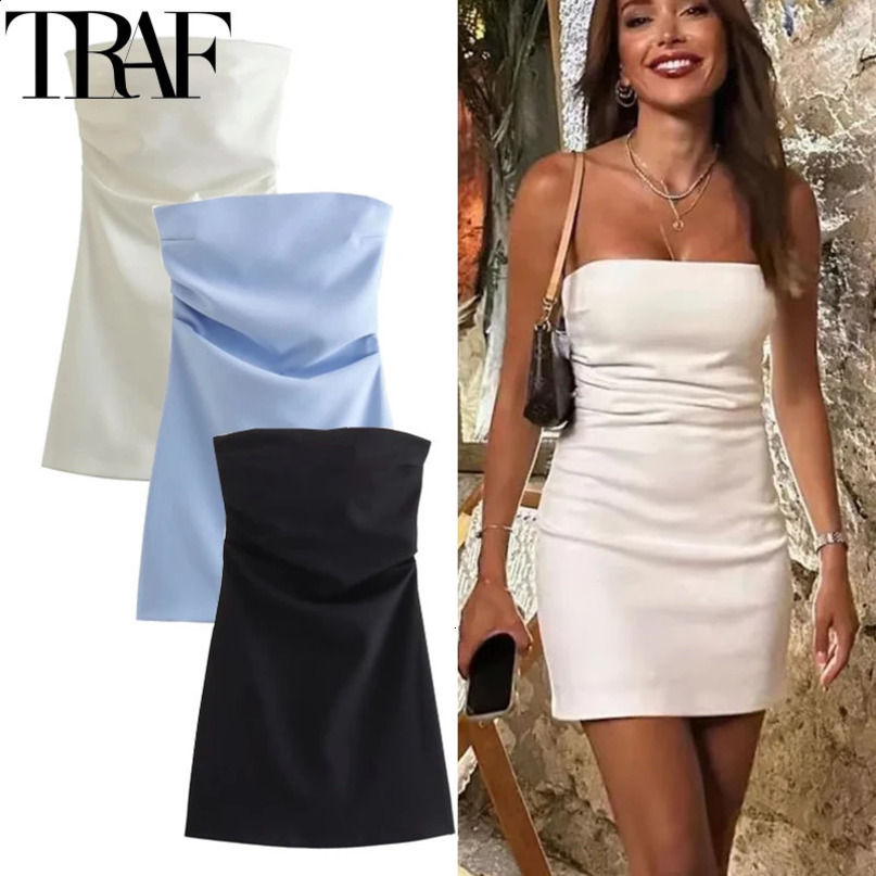 TRAF dress womens off shoulder tight corset short sleeved strapless blue black and white sexy party 250228