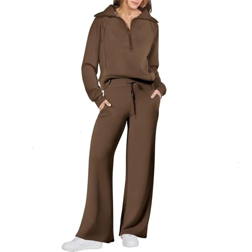 Women's Two Piece Pants Oversized Sweatshirt Pants Set Women's Fall Winter Tracksuit Set with Lapel Coat Wide Leg Trousers Solid Color Zip