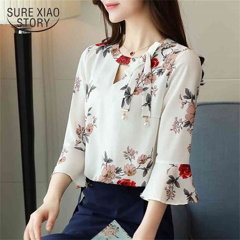 spring long sleeved blouses floral casual lady chiffon shirts three quarter flare women tops D539 35 210506