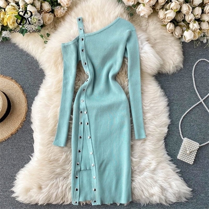 SINGRAIN One Shoulder Strap Dress Women Sexy Fashion Split Bodycon Dress Autumn Winter Elegant Off Shoulde Elastic Knitter Dress 201008