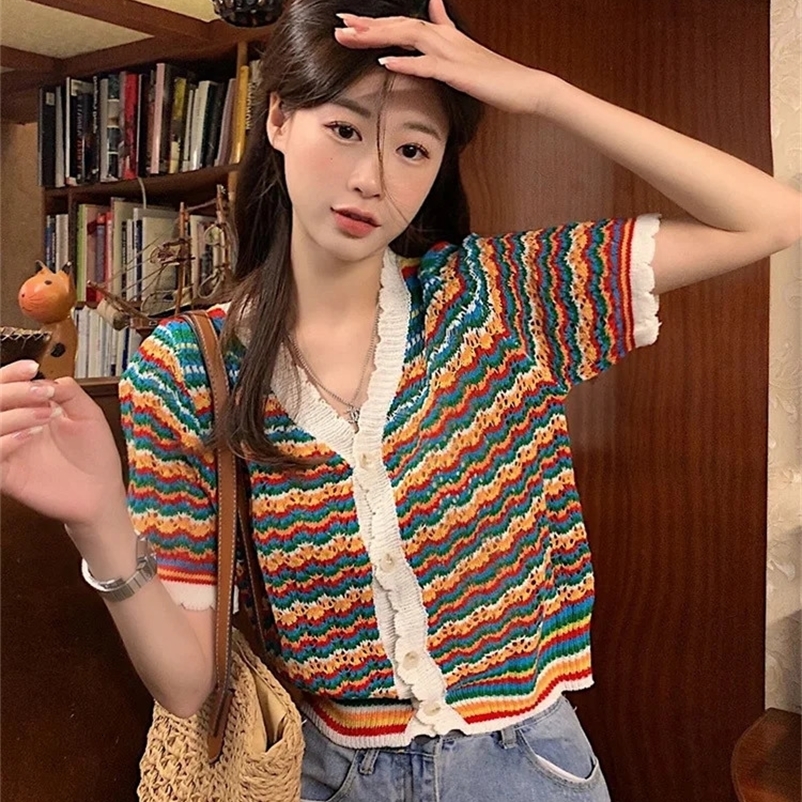 Hollow Out Cardigan Women Slim V-neck Spring Autumn Striped Aesthetic Sweet Fashion Stylish French Style Retro Hipster Youthful 240703