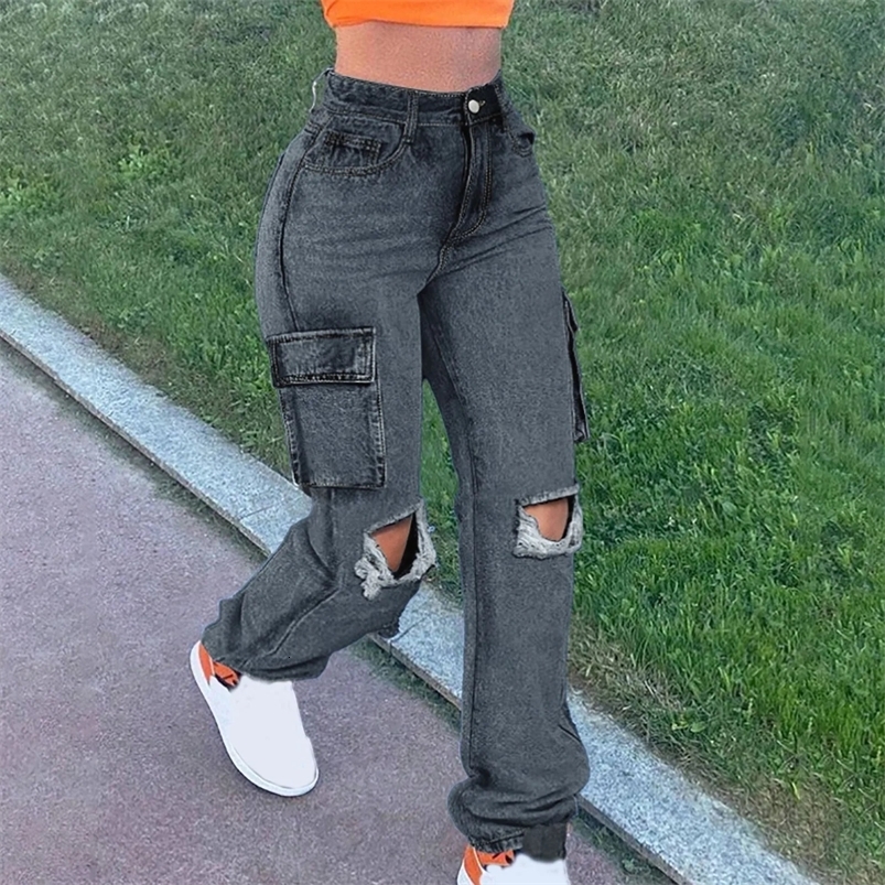 WomenS Jeans Trendy Fall Wholesale Casual Washed Baggy Pocket Cargo Straight Trousers Jeans Ladies Streetwear Black Denim 250224