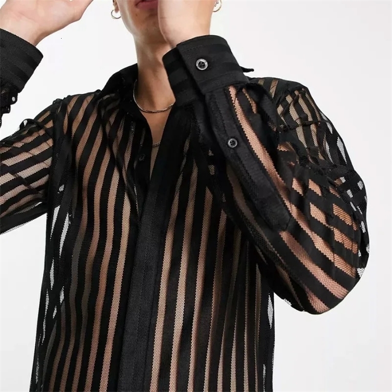 Long Sleeve Loose Casual Printed Shirt Y2K Mens Shirt See-through Sexy Black Shirt Large Size Tops Solid Color Tops 240703