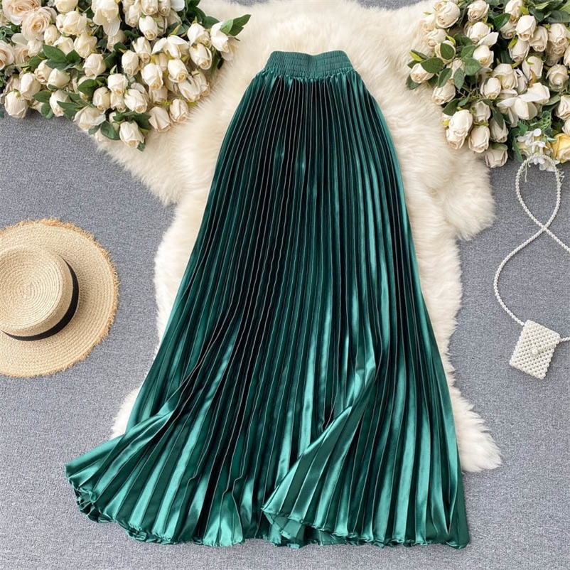 Casual Dresses Croysier High Waist Long Skirts Womens Maxi Pleated Skirt Women Clothing Elegant Office Lady Fashion Metallic Satin Skirt 230222