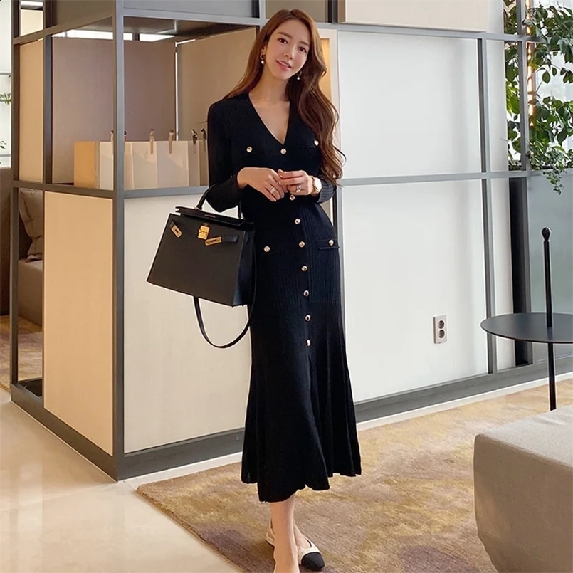 Vintage Korean Maxi Dresses for Women Party Long Sleeve V-neck Mermaid Dress Elegant Fashion Ladies Vestidos Femme Autumn 240823