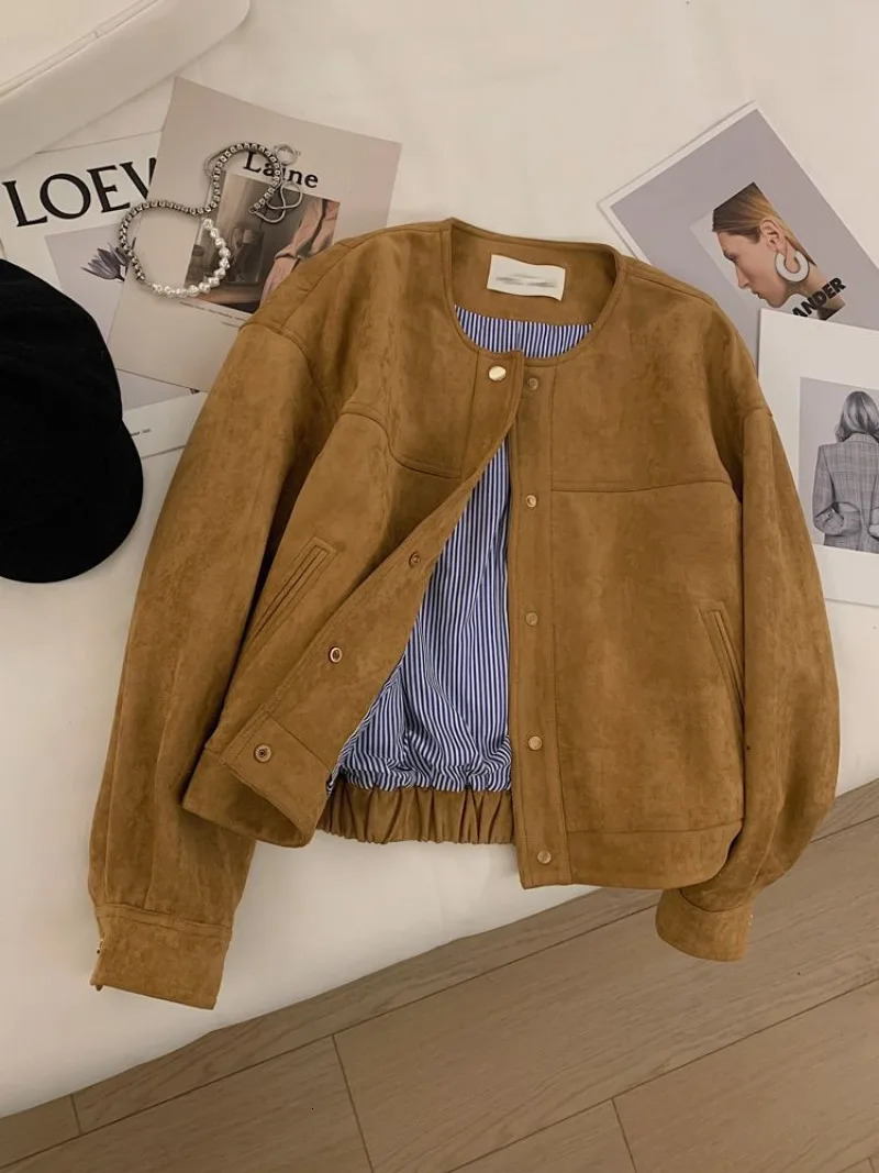 Korean Version of Womens Leather Fleece Short Coat Fashion Longsleeved Zipper Jacket Top Oversized Loose Solid Jacket Coat 250922
