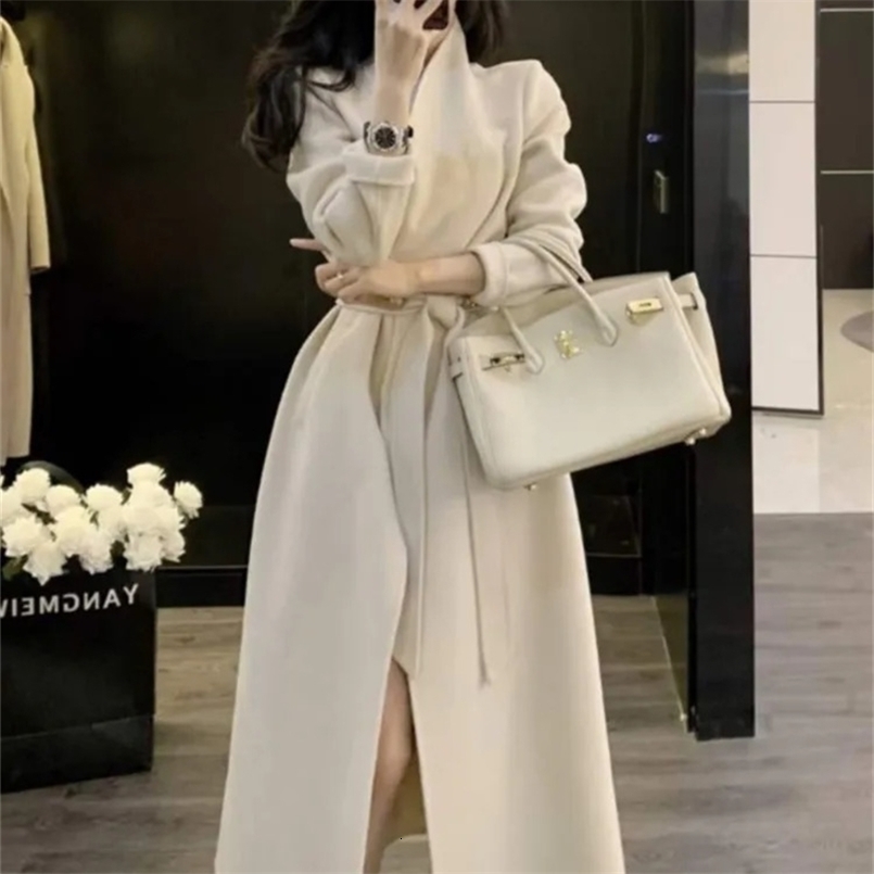 Women's Wool Blends Women White Woolen Coats Autumn Winter Korean Style Fashion High-end Cool Jacket Female Long Windbreaker Overcoat with Belt