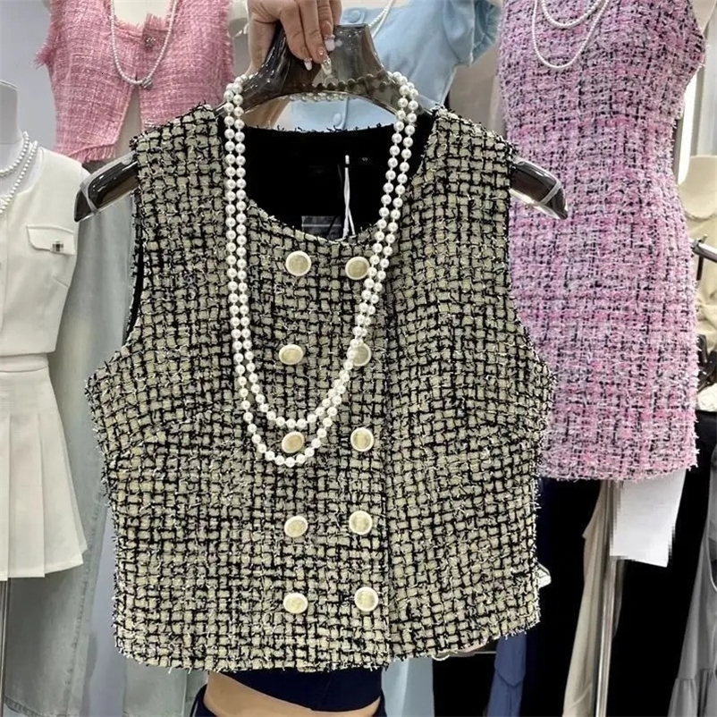 Spring Coarse Tweed Double-breasted Weave Women Vest Unique Round Neck Sleeveless All-match Short Loose Coat Tops 240704