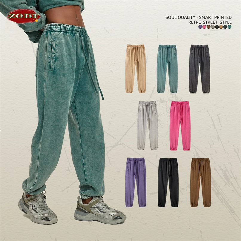ZODF Retro Autumn Winter Men Batik Washed Cotton Sweatpants Unisex Loose Heavy Weight 420gsm Solid Joggers Pants HY0666 250122