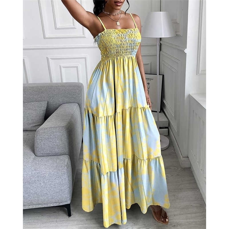 Women Elegant Casual Loose fit Floral Maxi Dresses Lady Ruhced Spaghetti Strap Long Dress 210716