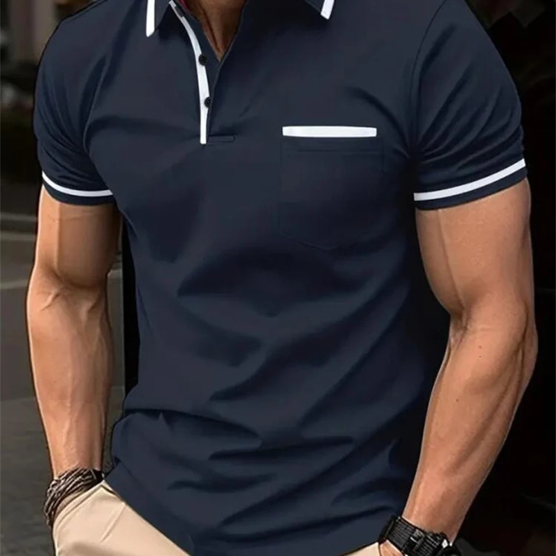 Mens casual fashion solid color short sleeved lapel mens casual fashion solid color T-shirt 250422