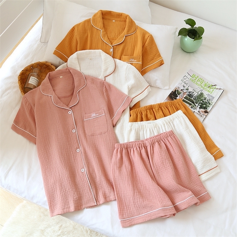 Women's Sleepwear Japanese summer couple womens pajamas suit cotton crepe ladies solid color simple short-sleeved shirt shorts pajama set women