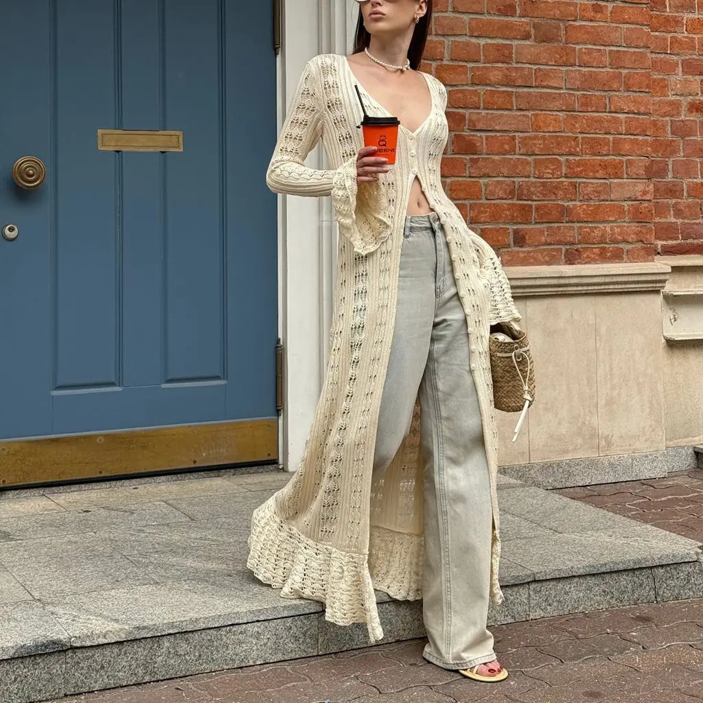 Combhasaki Women Y2K Chic Flare Long Sleeve Aesthetic Button-down V-Neck Ruffle Hem Hollow Out Knitted Long Dress Boho Beachwear 250804
