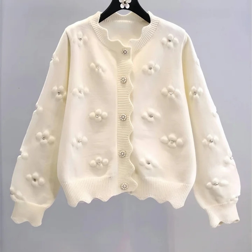 24 Autumn and Winter Flower Language Pearl Knitted Cardigan Sweetheart Daisy Romantic Wavy Edge Sweater Jacket 241214