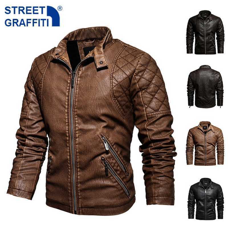 Mens Motorcycle Jacket Autumn Winter Men Faux PU Leather Jackets Casual Embroidery Biker Coat Zipper Fleece Jacket 211222
