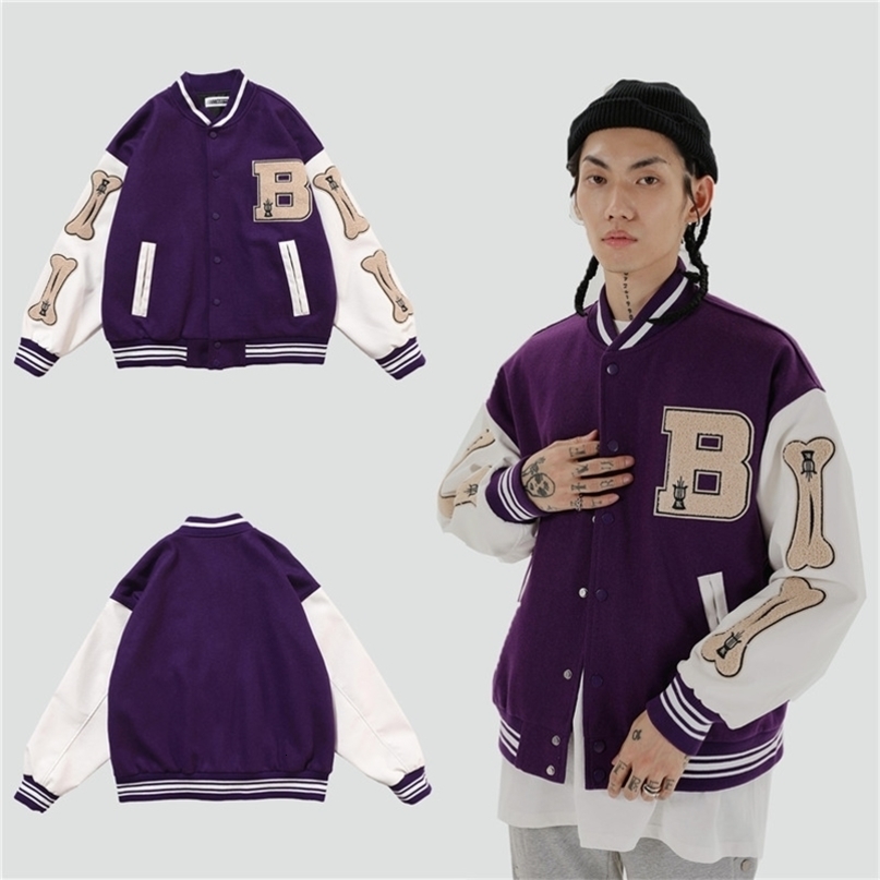 Mens Hip Hop Baseball Jacket Coats Big Letter B Bone Embroidery Patchwork Japan Korean Style Streetwear College Rock Jacket 210818