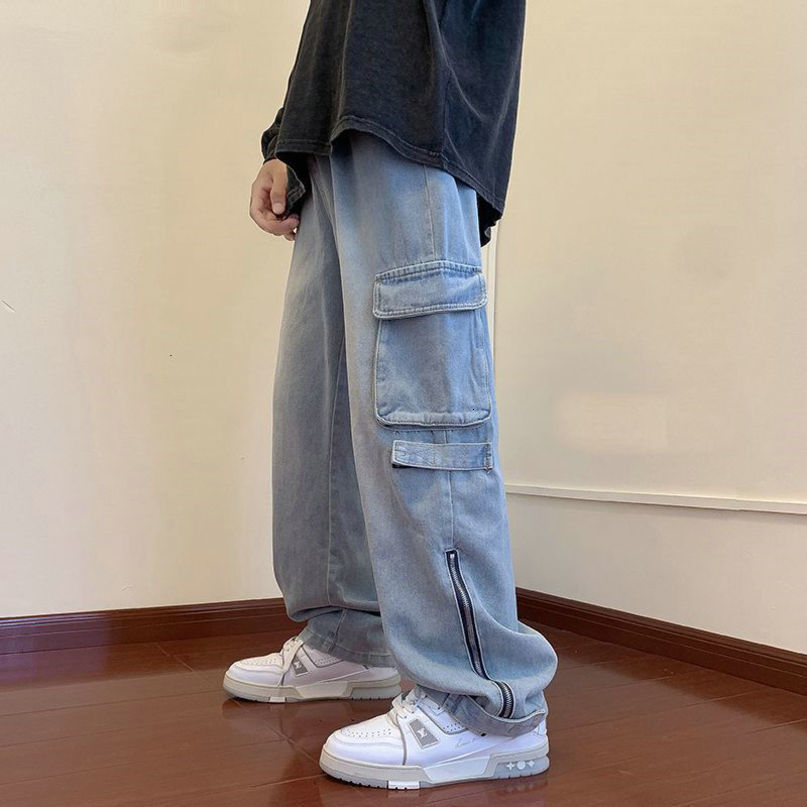 Mens Jeans Wide Leg Cargo Pants Streetwear Baggy Spring Autumn Korean Fashion Loose Straight Male Clothing 230420