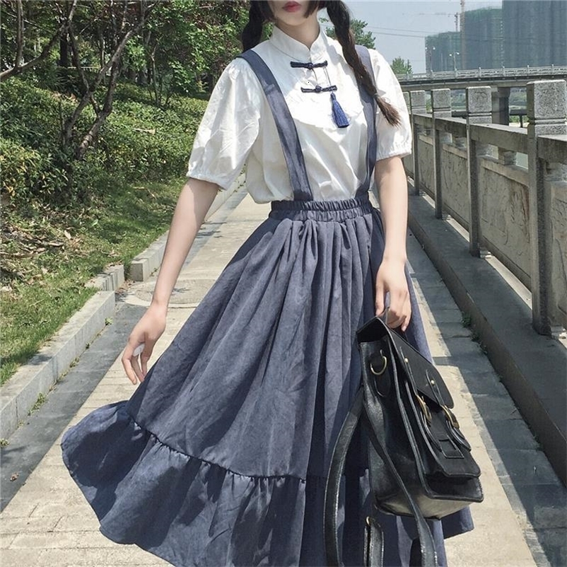 Casual Dresses Sweet Women Skirt Preppy Style Strap Long Skirt Ruffles Loose Cute Student Casual Skirt Female Skirts 230222