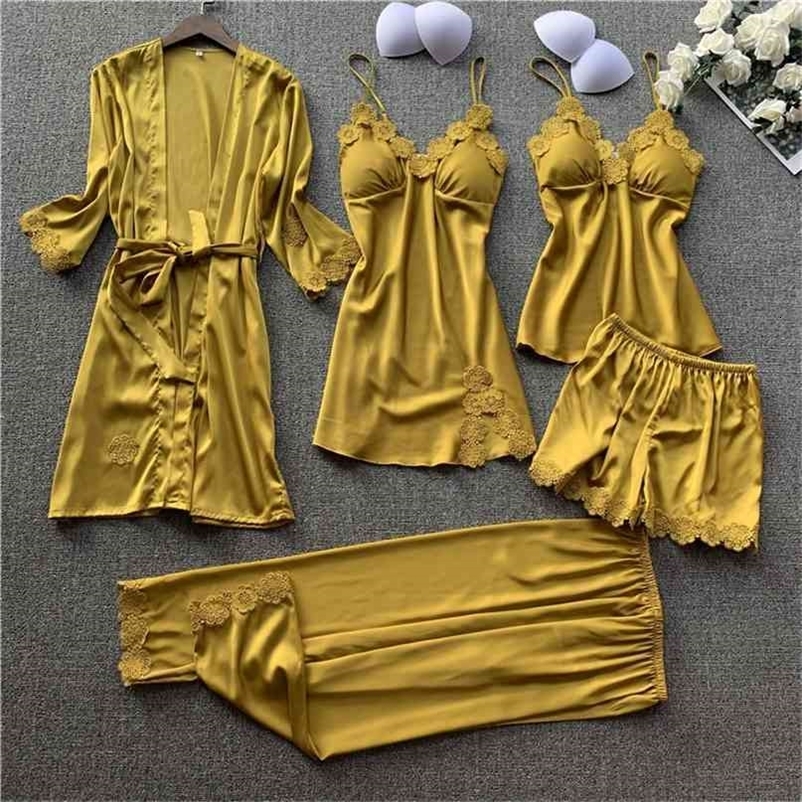 JULY'S SONG 5 Pieces Women Pajamas Sets Elegant Sexy Lace Faux Silk Sleepwear Woman Stain Spring Summer Autumn Robe Homewear 210924