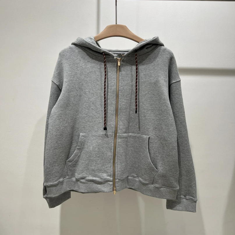 Womens gray zipper brushed hooded sweater jacket autumn and winter loose top 240905