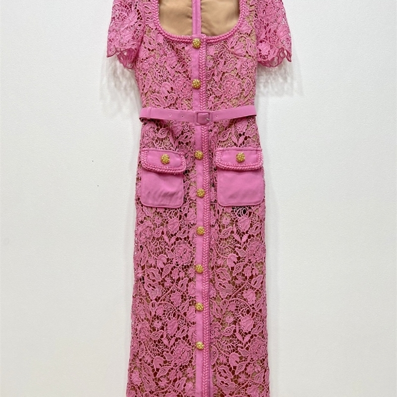 Casual Dresses Spring Style Water-Soluble Lace Spliced Short Sleeve Sexy Pink Women Midi Dress Floral Hollow Out Single Breasted Dress 230425