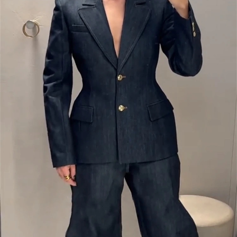 Denim jacket outerwear tube top set 3-piece womens spring notch button set jacket vest wide leg mens set 250317