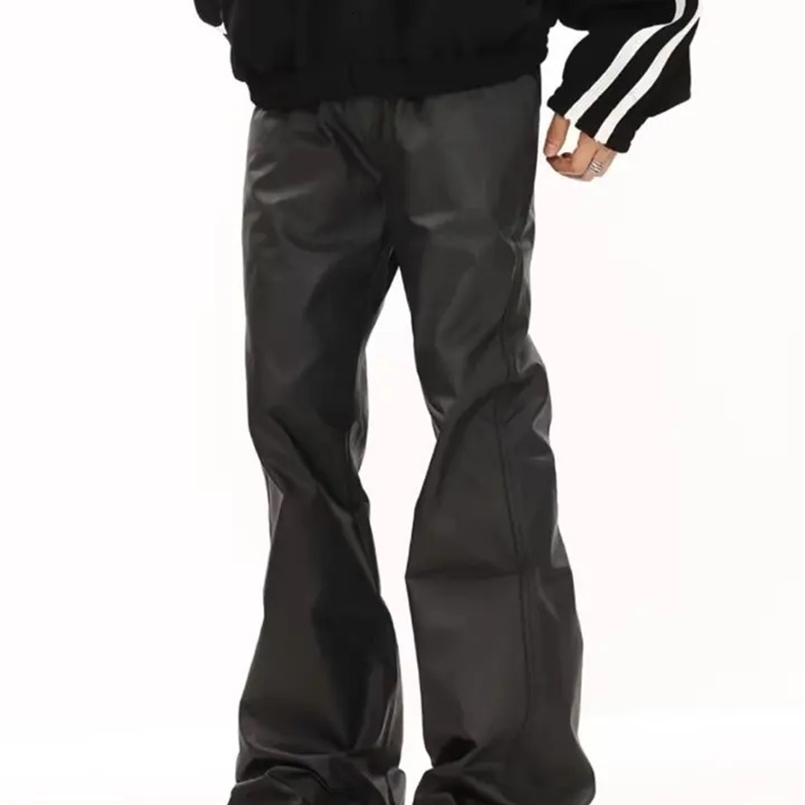Black Flared Trousers Pu Leather Pants for Men High Street Y2k Pantalones Hombre Baggy Overall Wide Leg Drawstring Cargo 240919