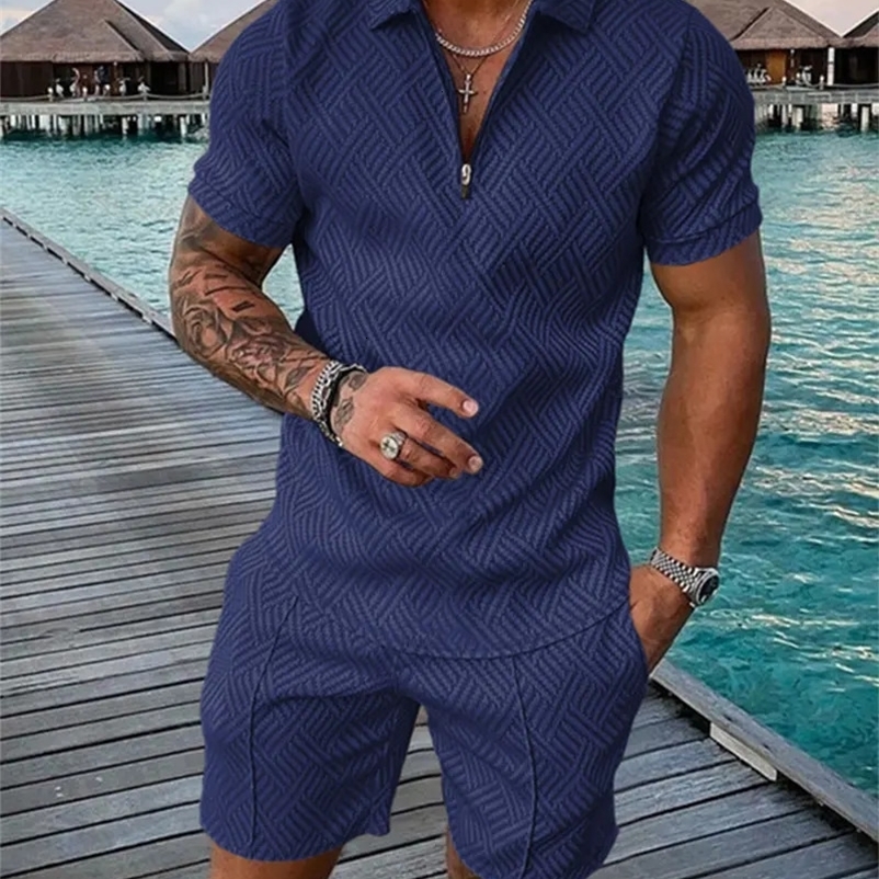 Mens Suit Tracksuit Cotton Solid Color Short Sleeve knit Polo Shirt Shorts Set for Men Casual Streetwear 2-piece Summer 240129