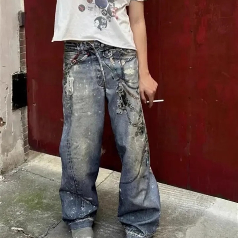 American style high street retro graffiti women man jeans Ins Harajuku men and women hip-hop goth wide leg pants Vintage baggy 240816