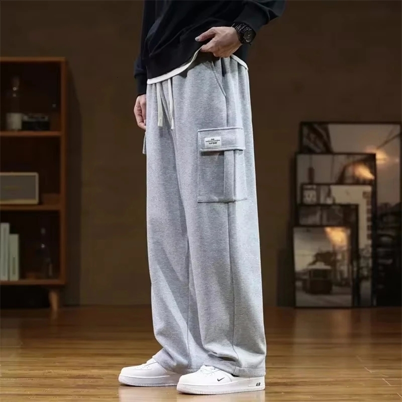 Autumn sports pants cotton mens backpacks runners cargo pants Korean neutral breathable loose outdoor solid color wide leg Trousers 240927
