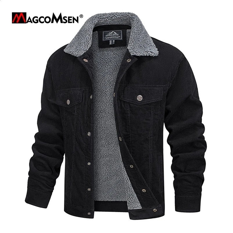 Magcomsen Mens Corduroy Jacket Vintage Sherpa Wool Windbrekaer Thick Warm Winter Coat Multi Pocket Casual Cowboy Jacket 241007