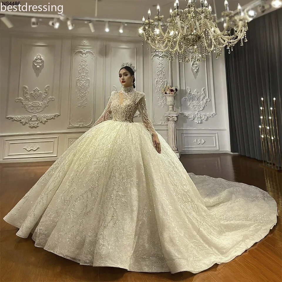 2025 Fall Winter Elegant Wedding Dresses Crystal Sequined Sleeves High Neck Tulle Appliques Lace Classic Ball Gown Bride Gowns Vestido De Novia 0918