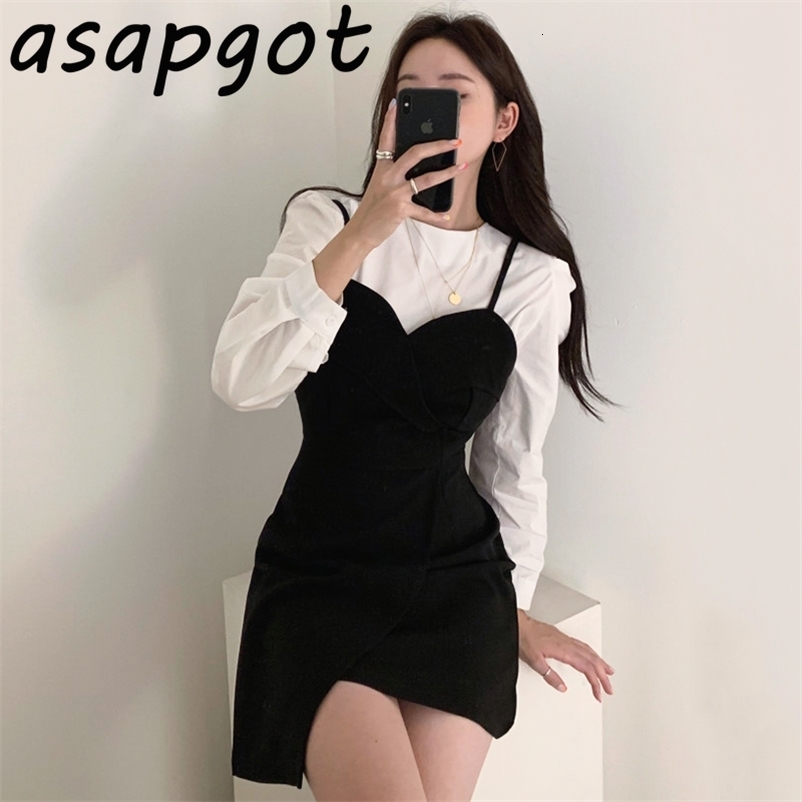 Solid Casual O Neck Puff Sleeve Blouse Top Slim Mini Sexy Black Spaghetti Strap Dress Women Fashion Elegant Vintage Temperament 210429