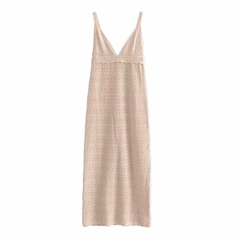 Summer Dress Women Hollow Out V-neck elegant Casual Fashion Chic Lady Knitted Maxi dress Woman robe femme 210709