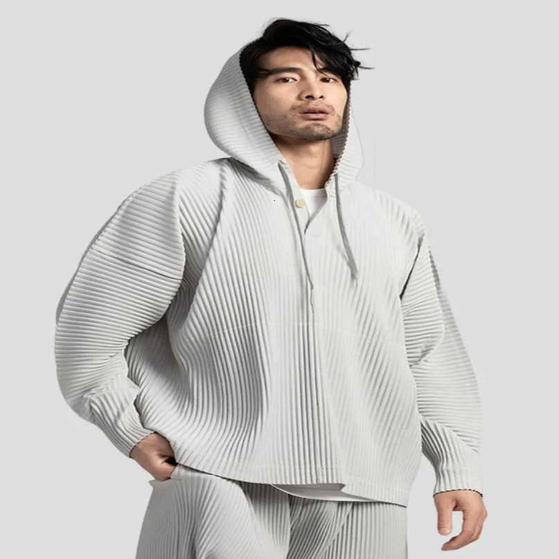 Miyake Pleated Hoodies For Men Black Hoodie Solid Color Coat Breathable Loose Drawstring Casual Top 240617