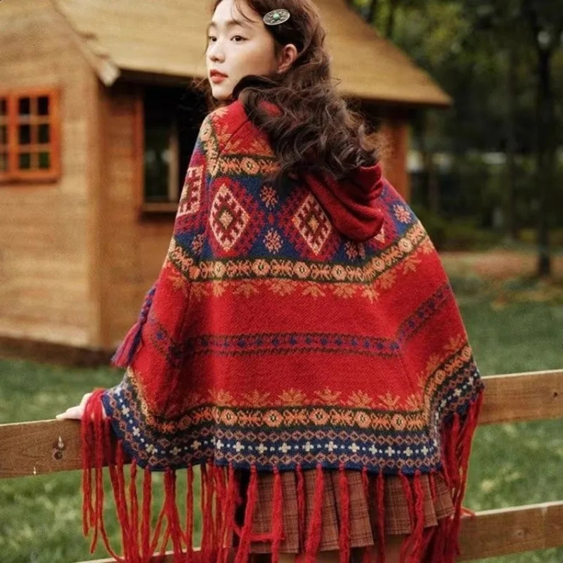 Spring and Autumn Retro Embroidered Tassel Warm Scarf Ethnic Style Loose Knitted Shawl Womens Casual Cape Top 250108