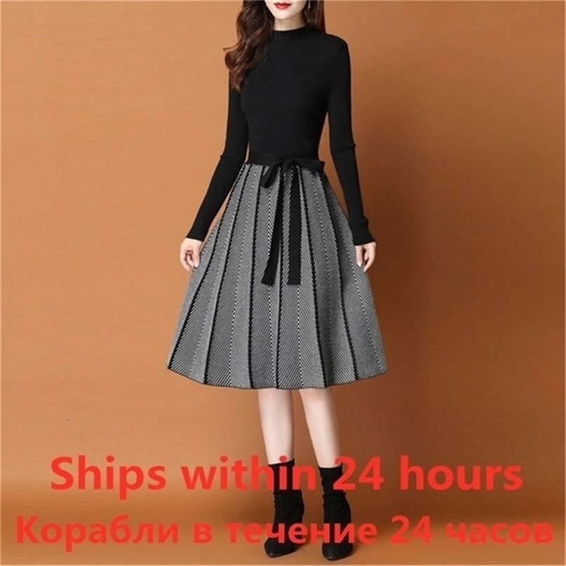 Women Dress Simple Elegant Dress Spring Autumn Winter ONeck Long Sleeve Aline Knitted Midi Dress Plus Size vestidos de festa 201008