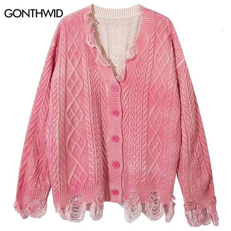 Retro sweater cardigan wool sweater Grunge Y2K knit tear hole heartbeat umbrella street clothing mens hip-hop cotton punk Gothic oversized sweater 2