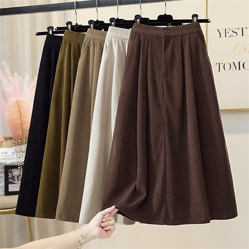 Casual Dresses Rimocy Vintage Corduroy Midi Skirt for Women Buttons High Waist A-Line Skirt Woman Pockets Solid Color Long Skirt Female 230222