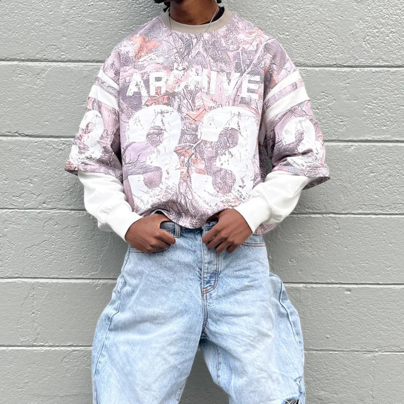 American street fashion Harajuku retro leaf camouflage long sleeved floral mens Y2K loose letter printed oversized Tshirt 240911